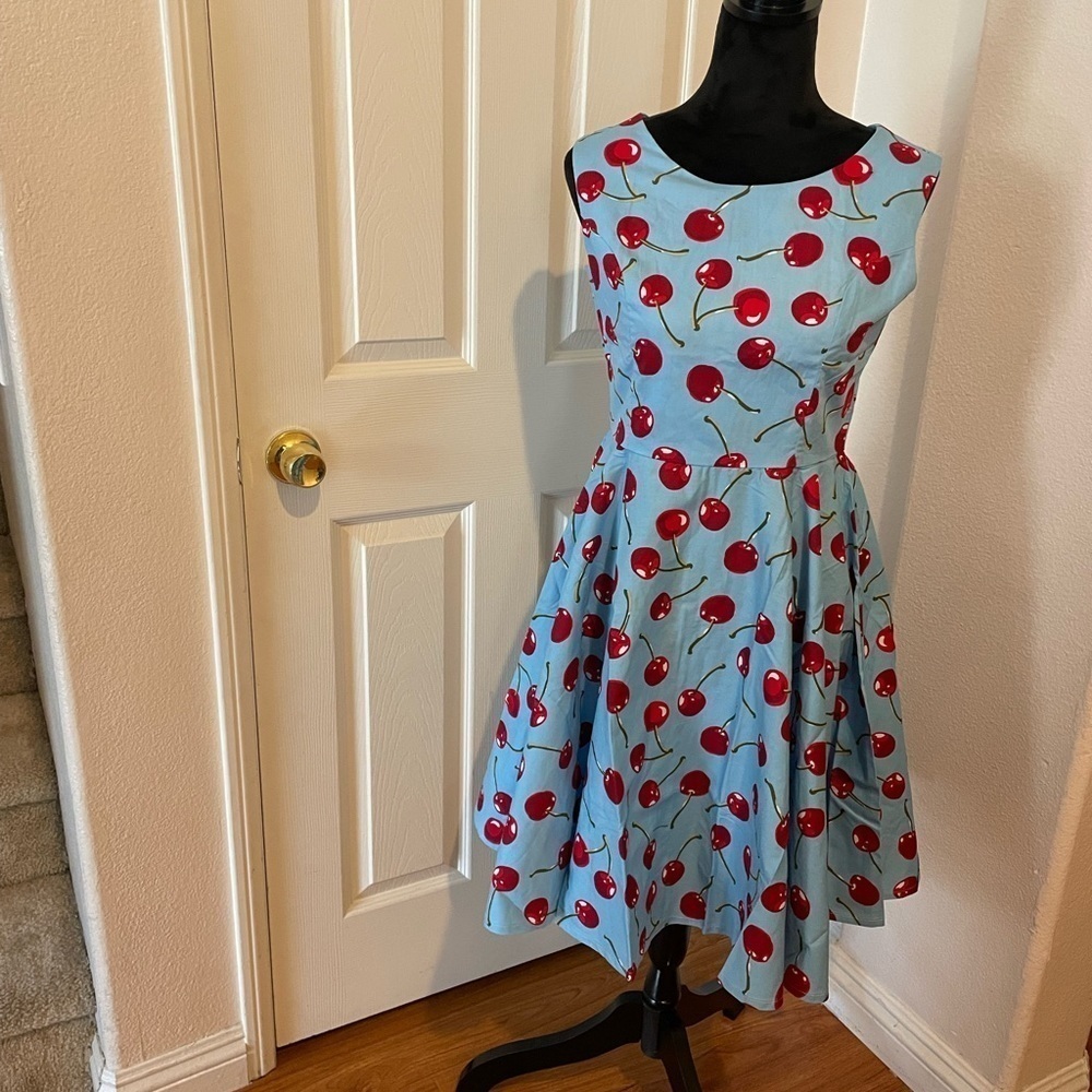 NWT womens PIN-UP BLUE DRESS WITH RED CHERRYS style dress SIZE MEDIUM​​​​​​​​ - Picture 2 of 6